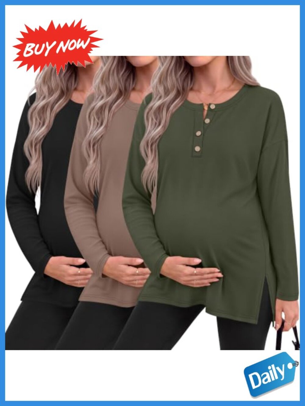 Maternity Long Sleeve Henley Tops 3 Pack Women's Pregnancy Shirts